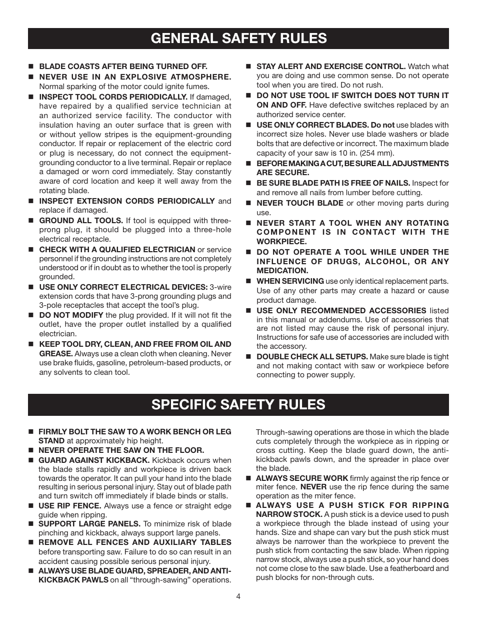 General safety rules, Specific safety rules | Ryobi BTS211 User Manual | Page 4 / 42