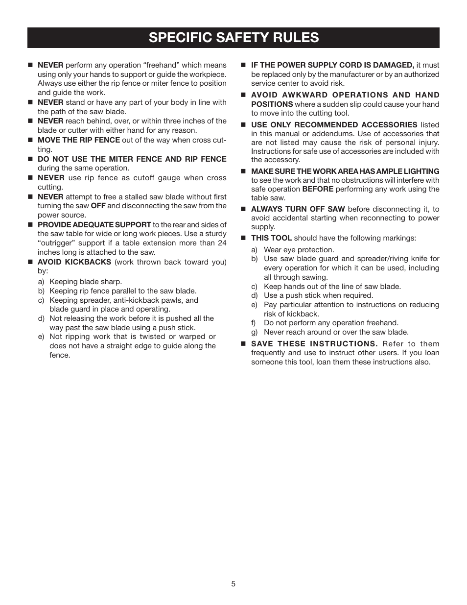 Specific safety rules | Ryobi BTS211 User Manual | Page 5 / 42