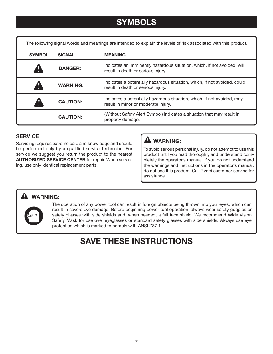 Symbols, Save these instructions | Ryobi BTS211 User Manual | Page 7 / 42