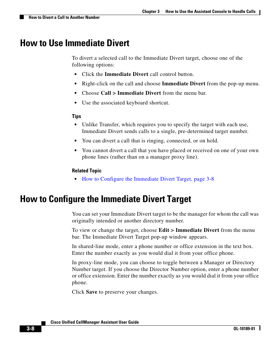 How to use immediate divert, How to configure the immediate divert target | Cisco OL-10189-01 User Manual | Page 8 / 10
