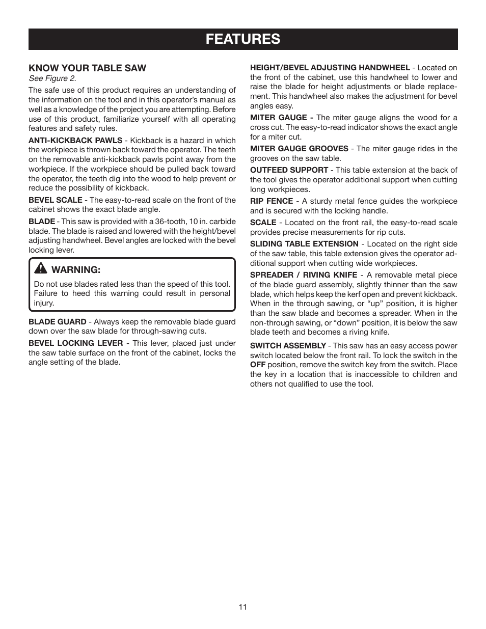 Features | Ryobi RTS20 User Manual | Page 11 / 42