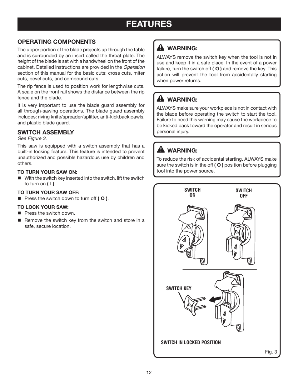 Features | Ryobi RTS20 User Manual | Page 12 / 42