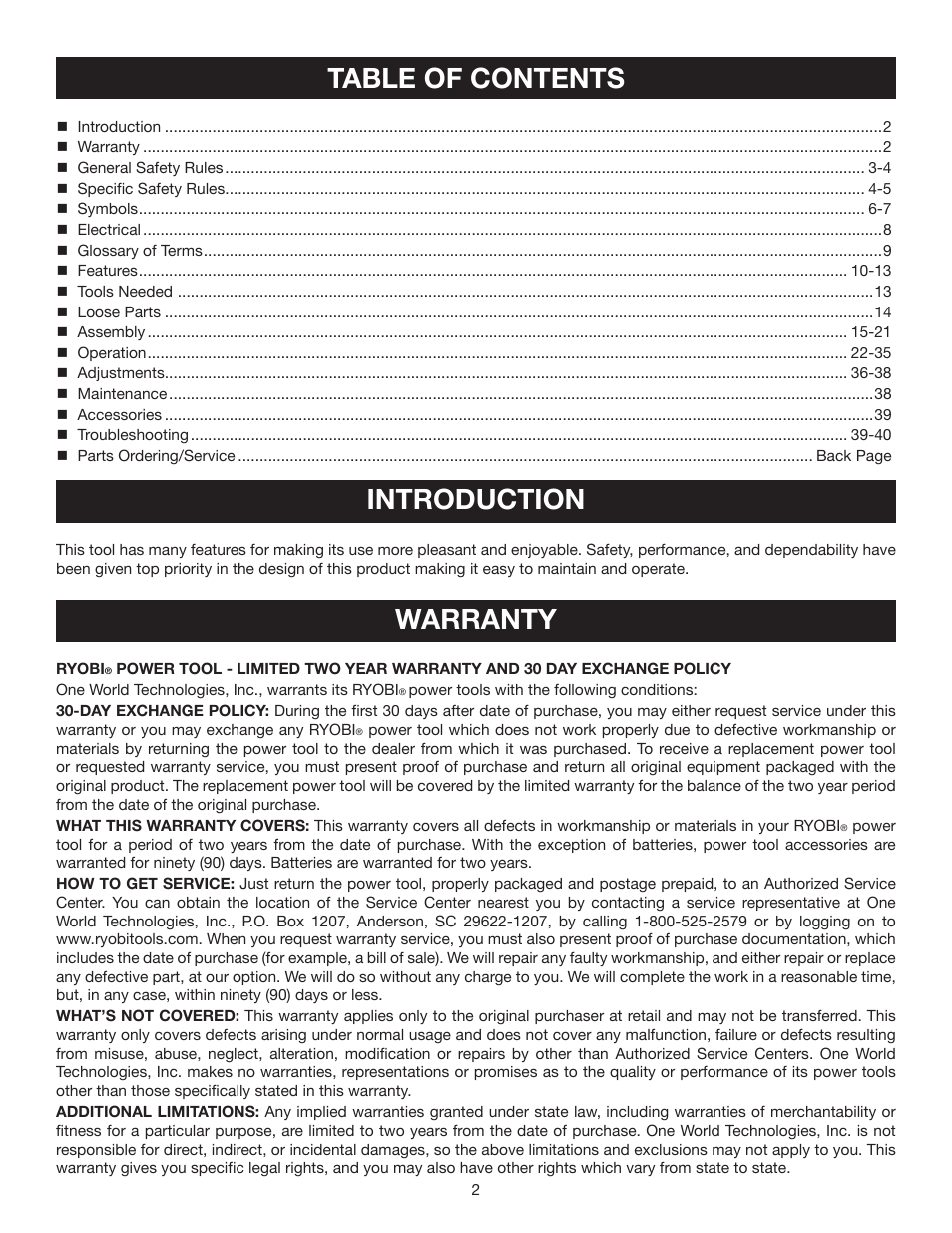 Ryobi RTS20 User Manual | Page 2 / 42