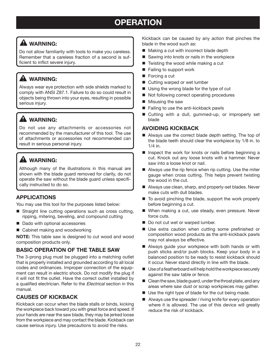 Operation | Ryobi RTS20 User Manual | Page 22 / 42