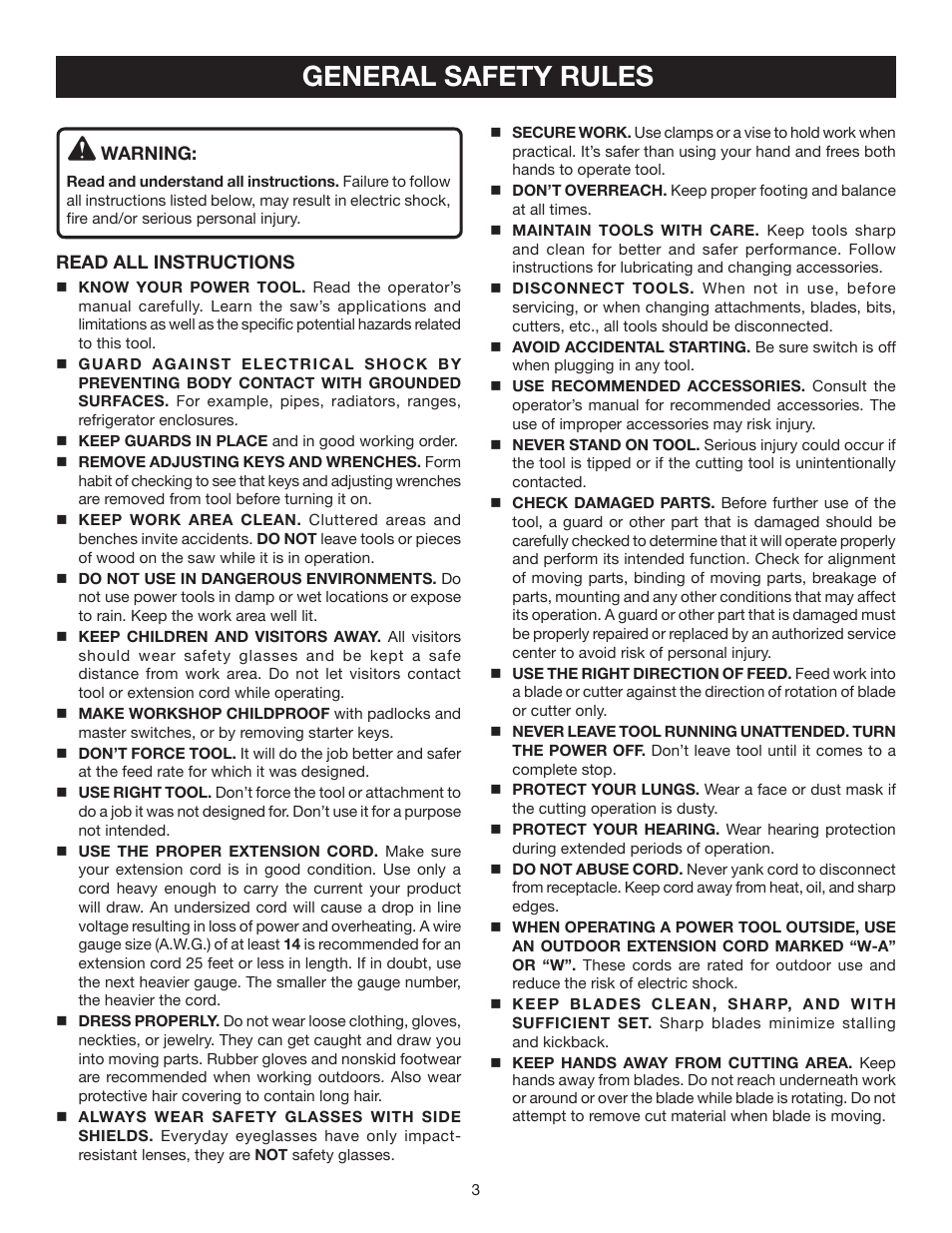 General safety rules | Ryobi RTS20 User Manual | Page 3 / 42