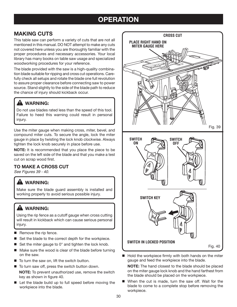 Operation, Making cuts | Ryobi RTS20 User Manual | Page 30 / 42