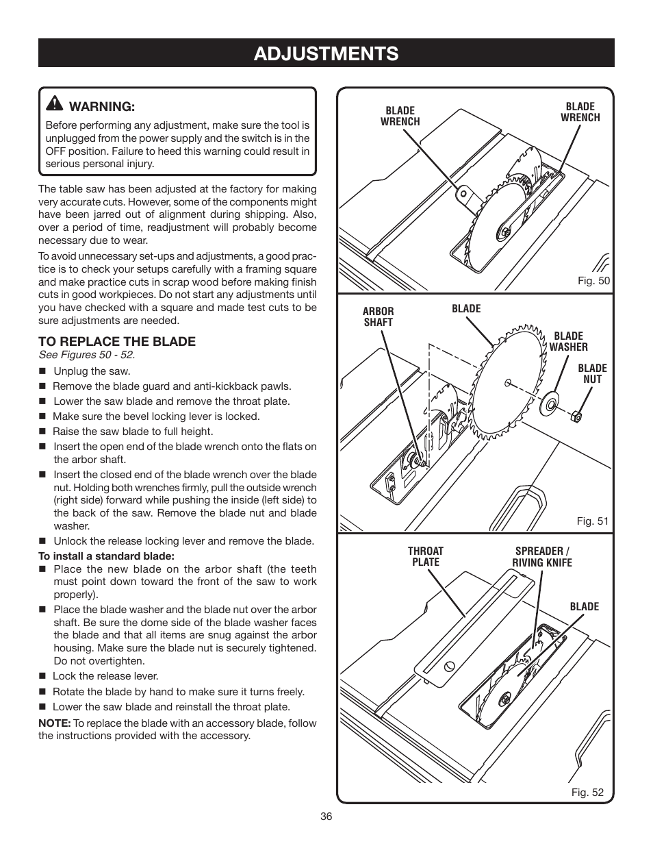 Adjustments | Ryobi RTS20 User Manual | Page 36 / 42