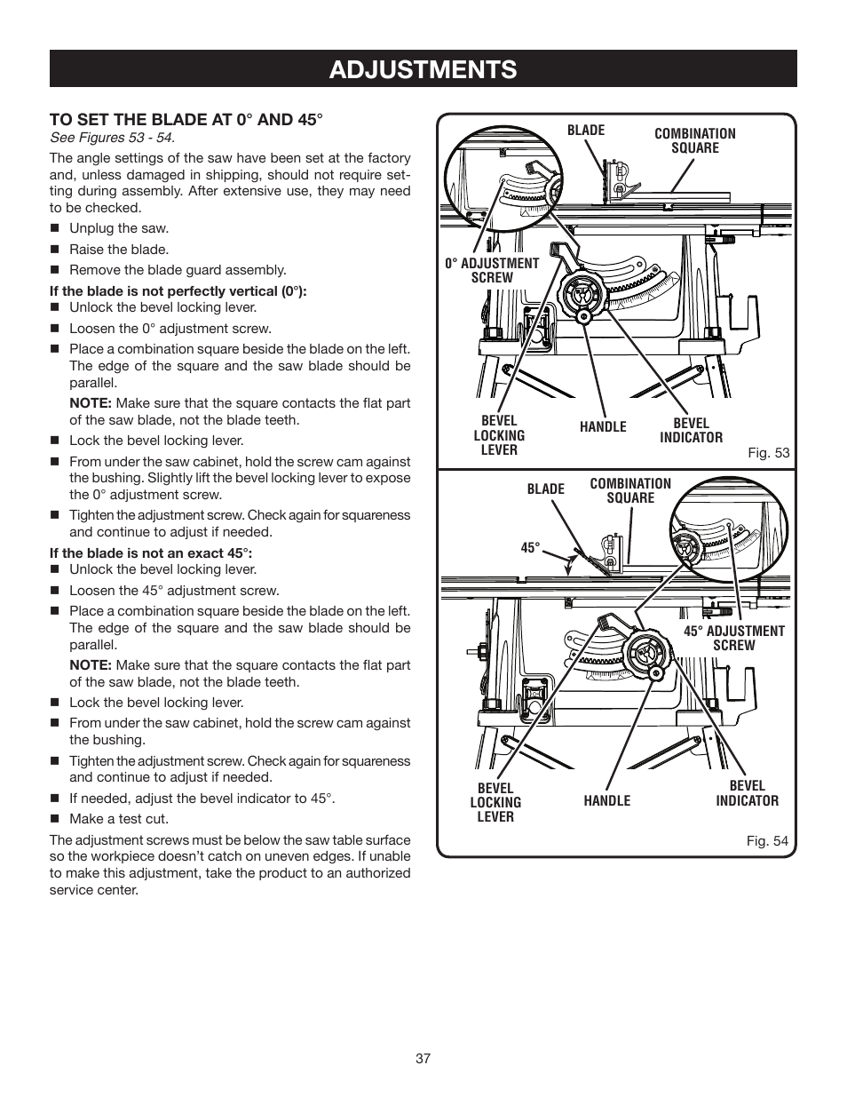 Adjustments | Ryobi RTS20 User Manual | Page 37 / 42