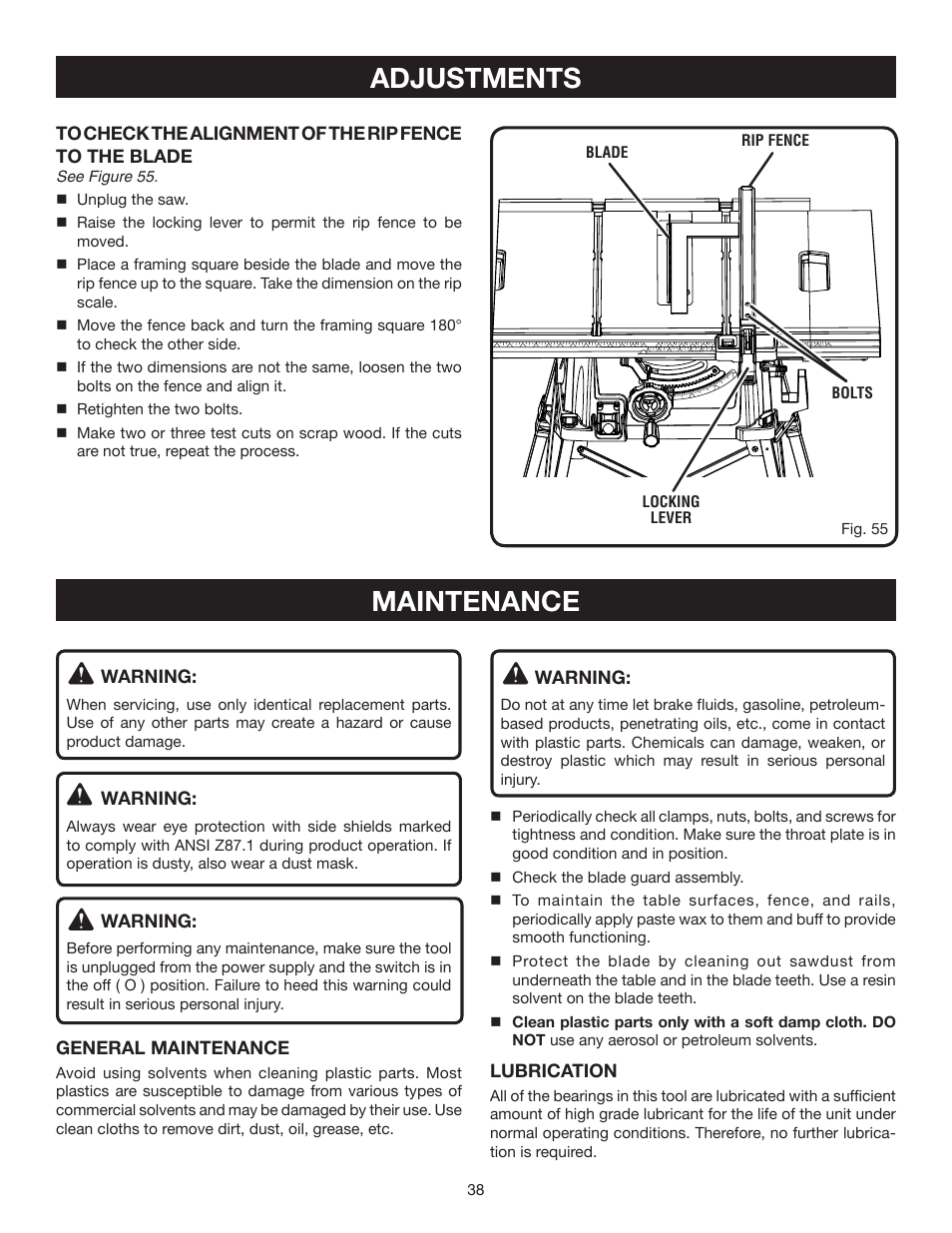 Adjustments, Maintenance | Ryobi RTS20 User Manual | Page 38 / 42