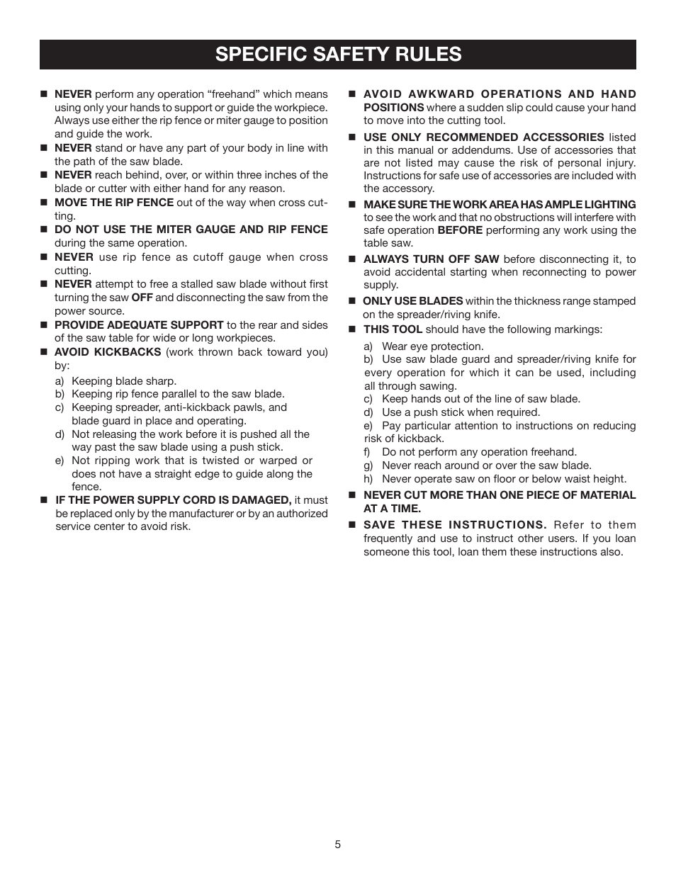 Specific safety rules | Ryobi RTS20 User Manual | Page 5 / 42