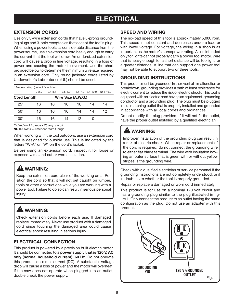 Electrical | Ryobi RTS20 User Manual | Page 8 / 42