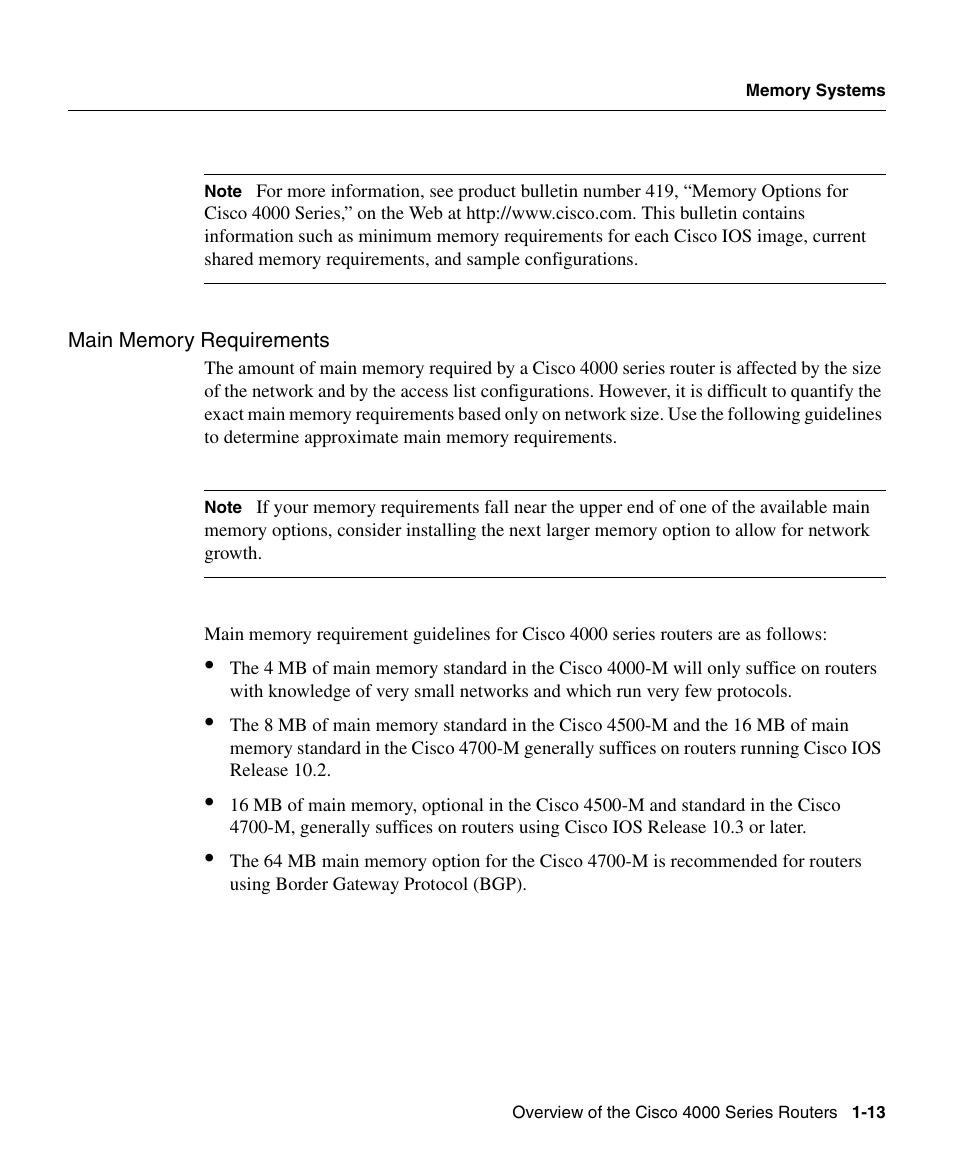 Main memory requirements | Cisco 4000 User Manual | Page 13 / 18