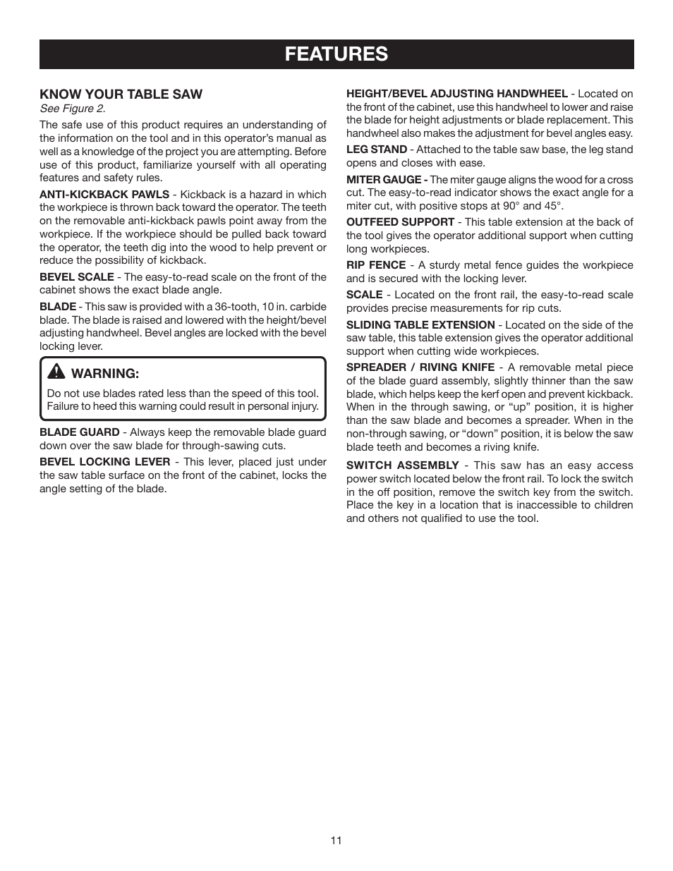 Features | Ryobi RTS30 User Manual | Page 11 / 42
