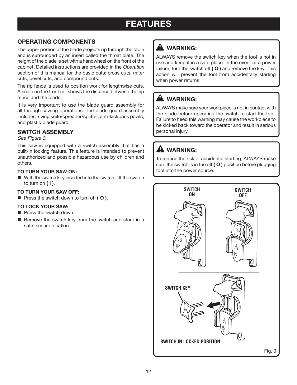 Features | Ryobi RTS30 User Manual | Page 12 / 42