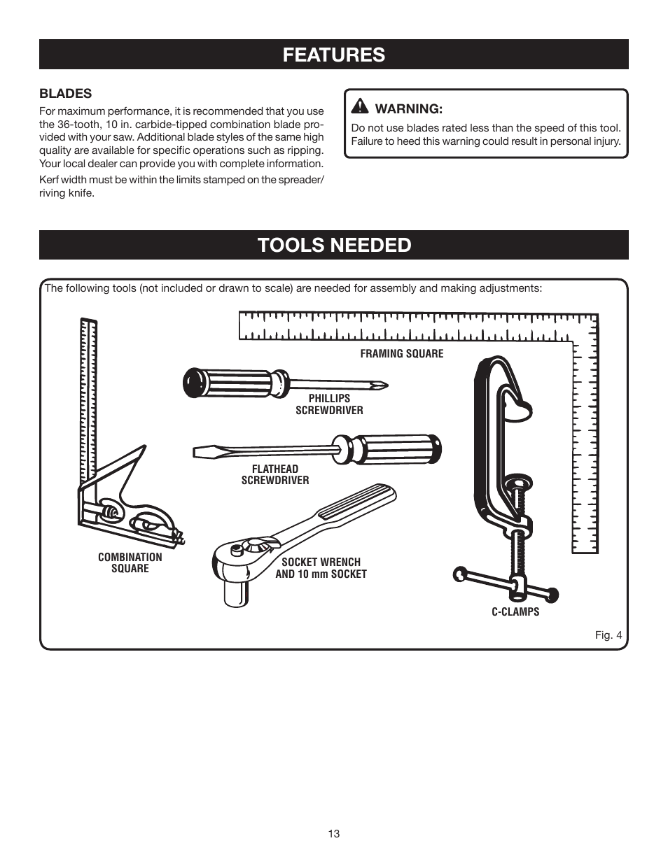 Tools needed features | Ryobi RTS30 User Manual | Page 13 / 42