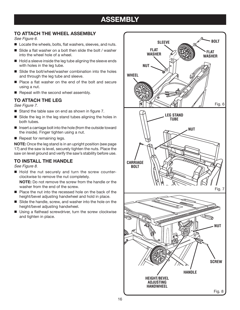 Assembly | Ryobi RTS30 User Manual | Page 16 / 42