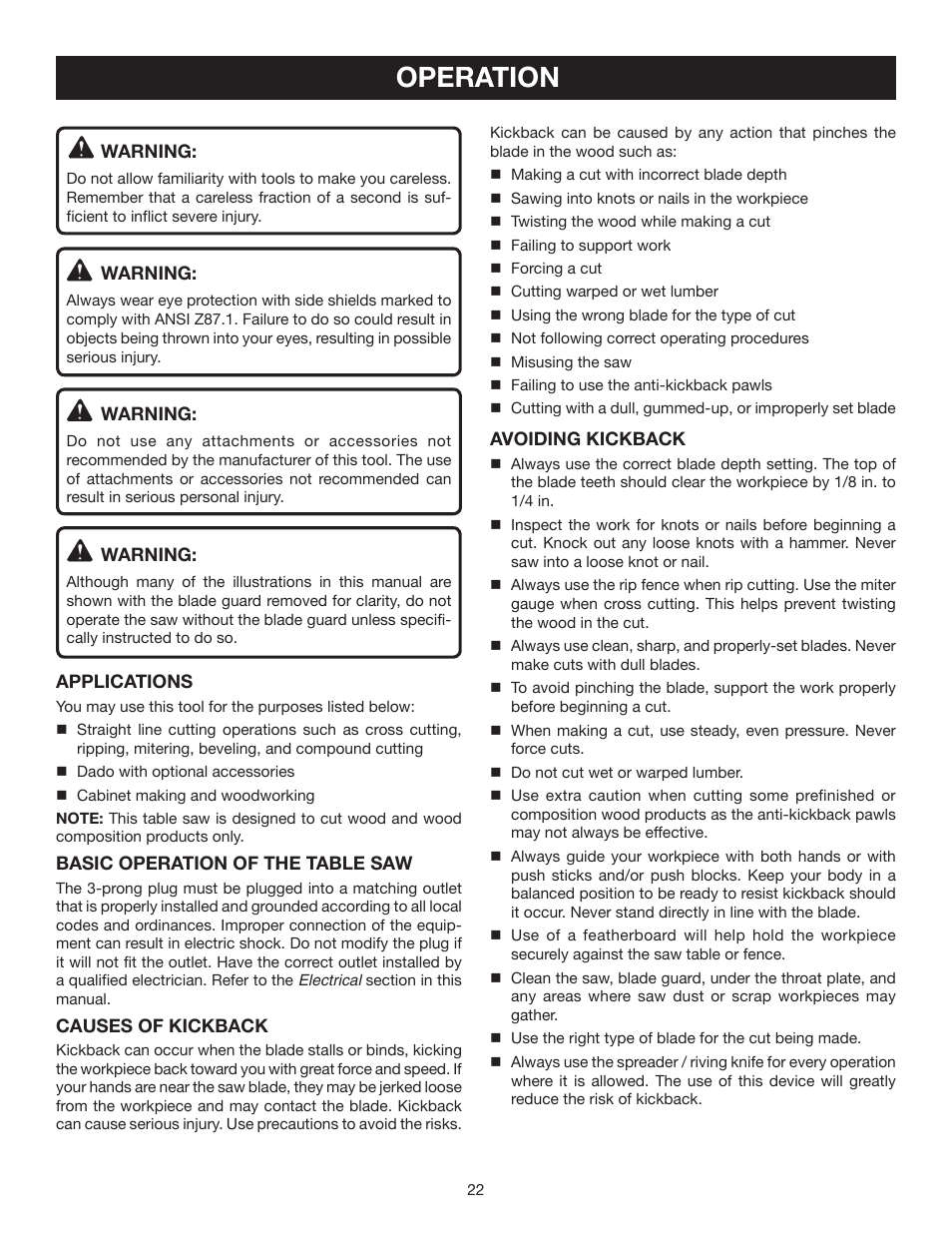Operation | Ryobi RTS30 User Manual | Page 22 / 42