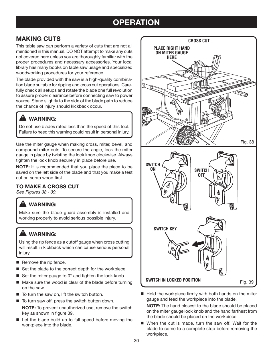 Operation, Making cuts | Ryobi RTS30 User Manual | Page 30 / 42