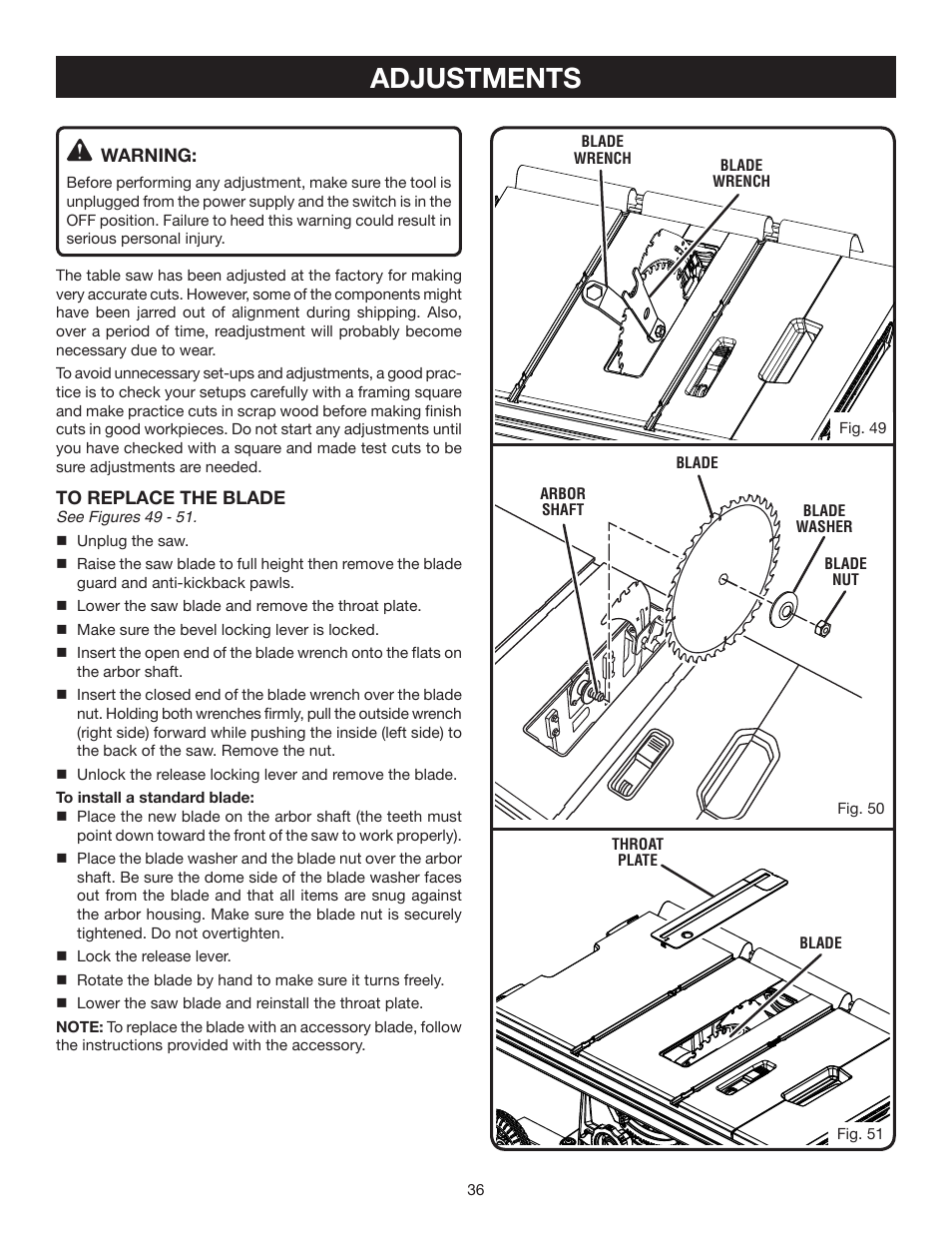 Adjustments | Ryobi RTS30 User Manual | Page 36 / 42
