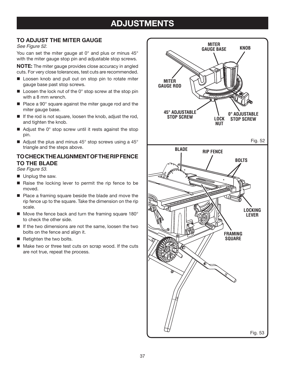 Adjustments | Ryobi RTS30 User Manual | Page 37 / 42