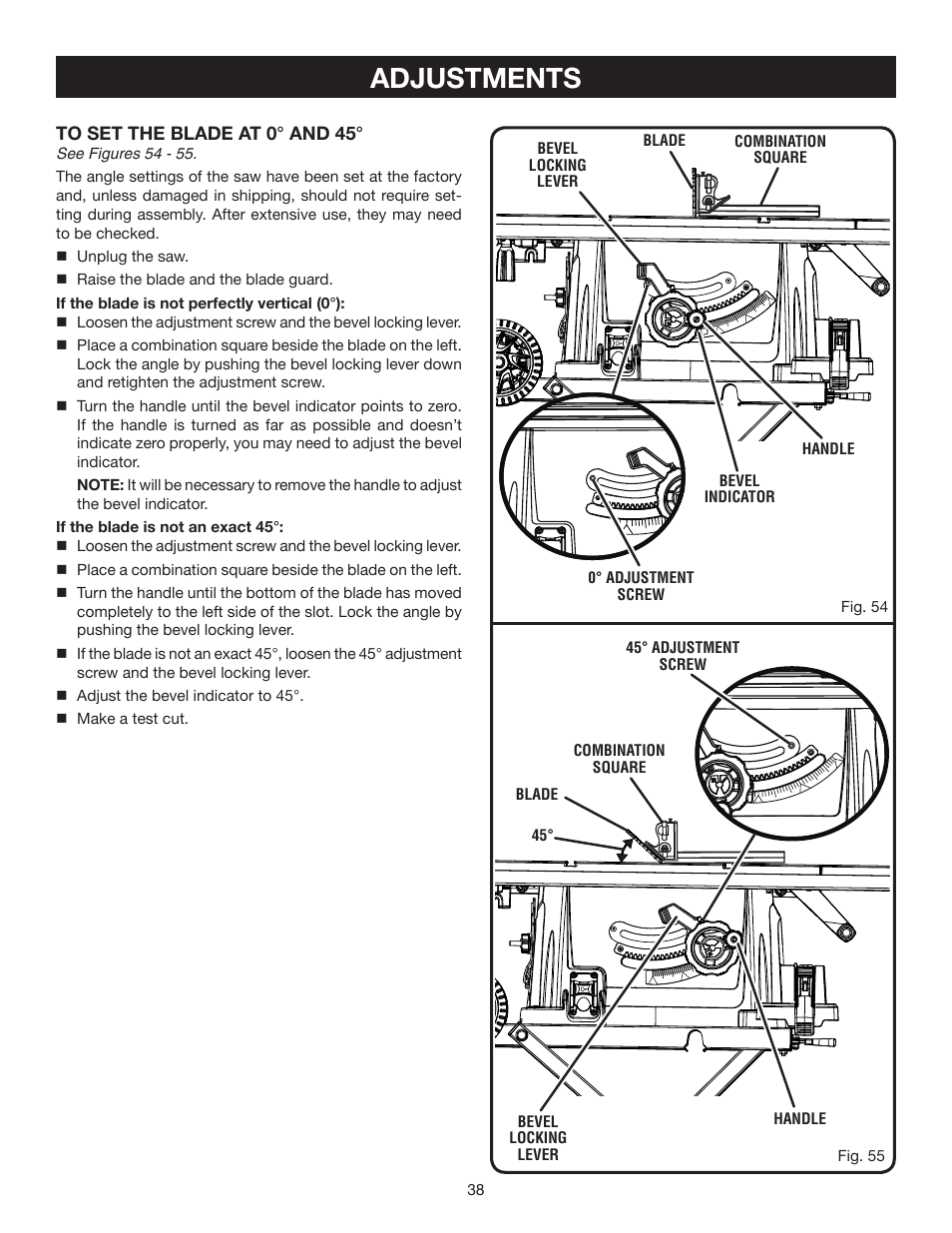 Adjustments | Ryobi RTS30 User Manual | Page 38 / 42