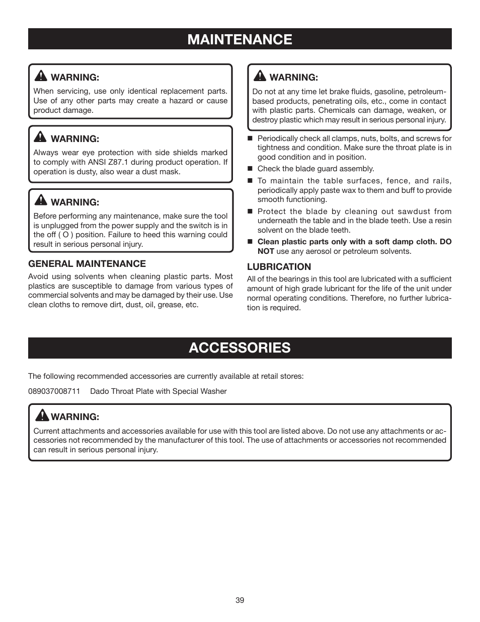 Maintenance, Accessories | Ryobi RTS30 User Manual | Page 39 / 42