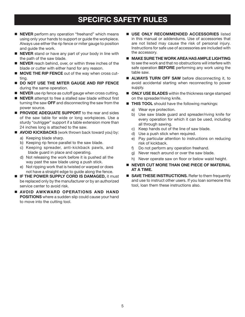 Specific safety rules | Ryobi RTS30 User Manual | Page 5 / 42