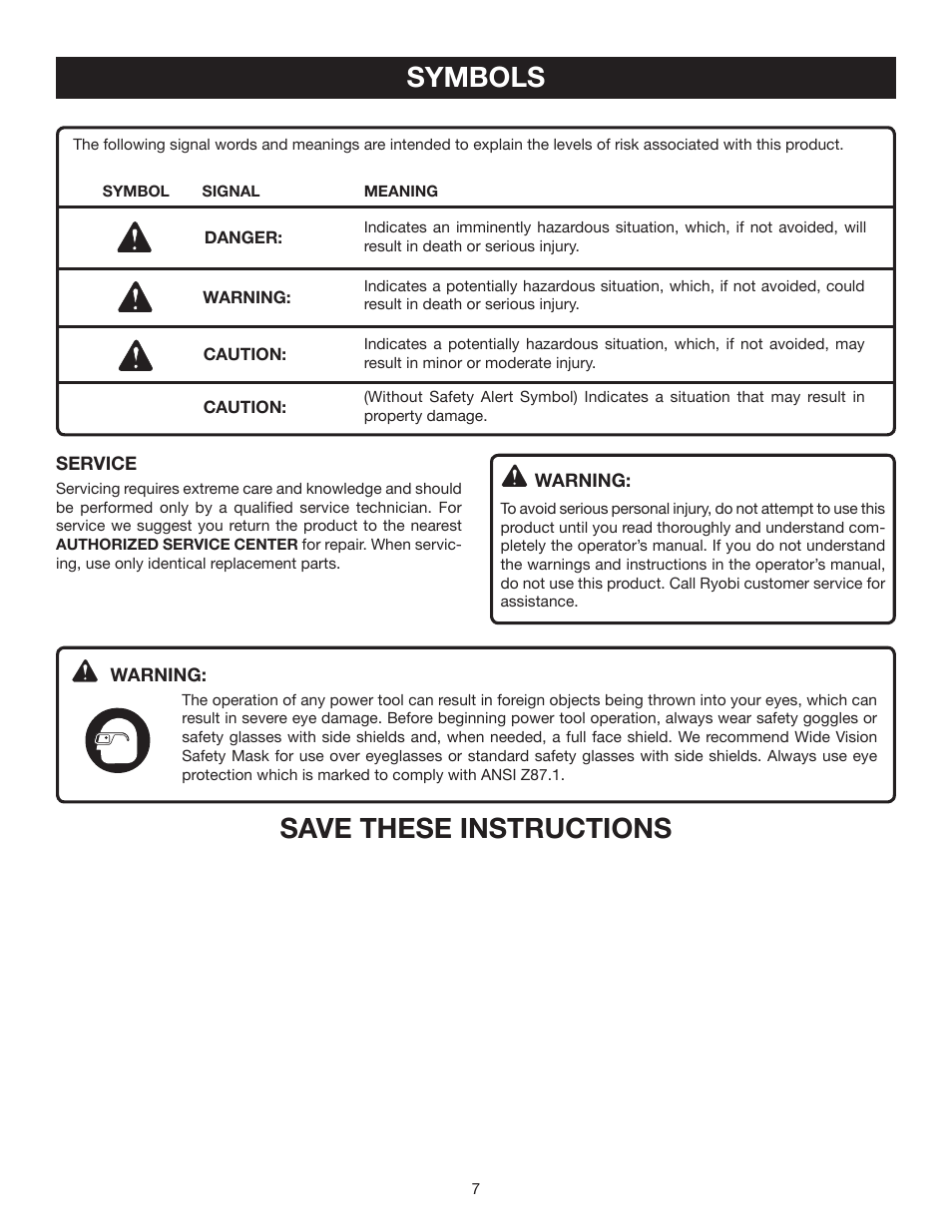 Symbols, Save these instructions | Ryobi RTS30 User Manual | Page 7 / 42