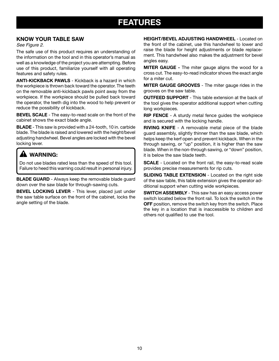 Features | Ryobi RTS21 User Manual | Page 10 / 40