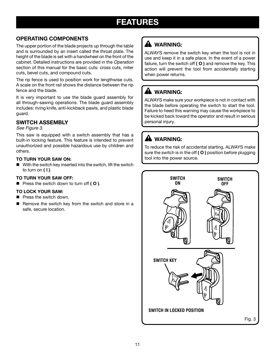 Features | Ryobi RTS21 User Manual | Page 11 / 40