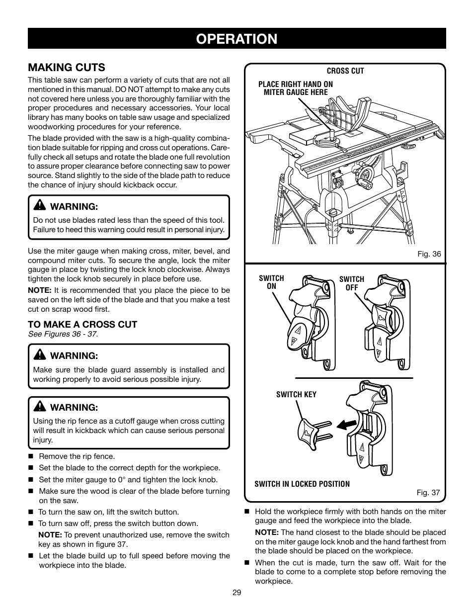 Operation, Making cuts | Ryobi RTS21 User Manual | Page 29 / 40