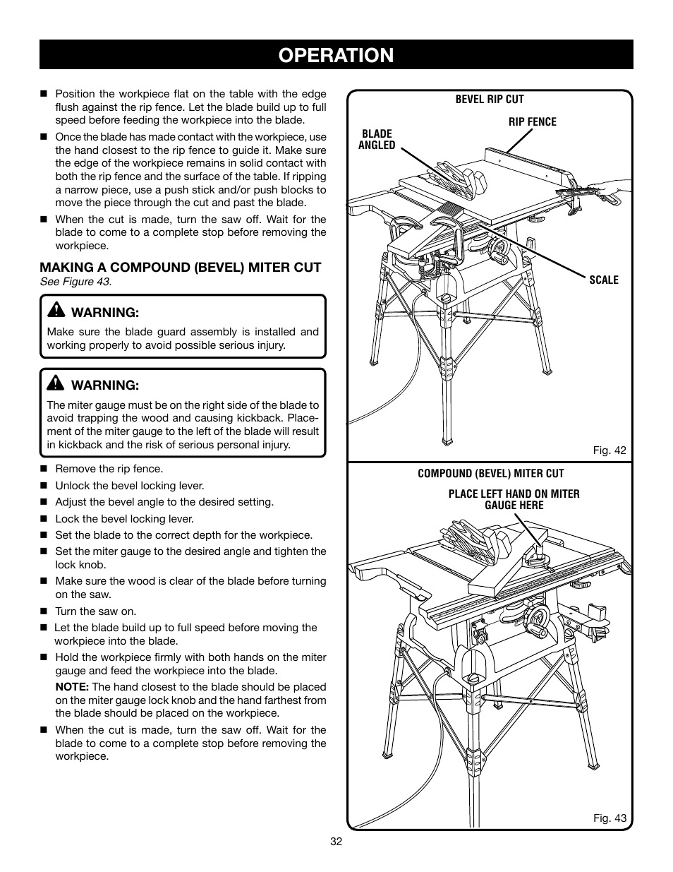 Operation | Ryobi RTS21 User Manual | Page 32 / 40