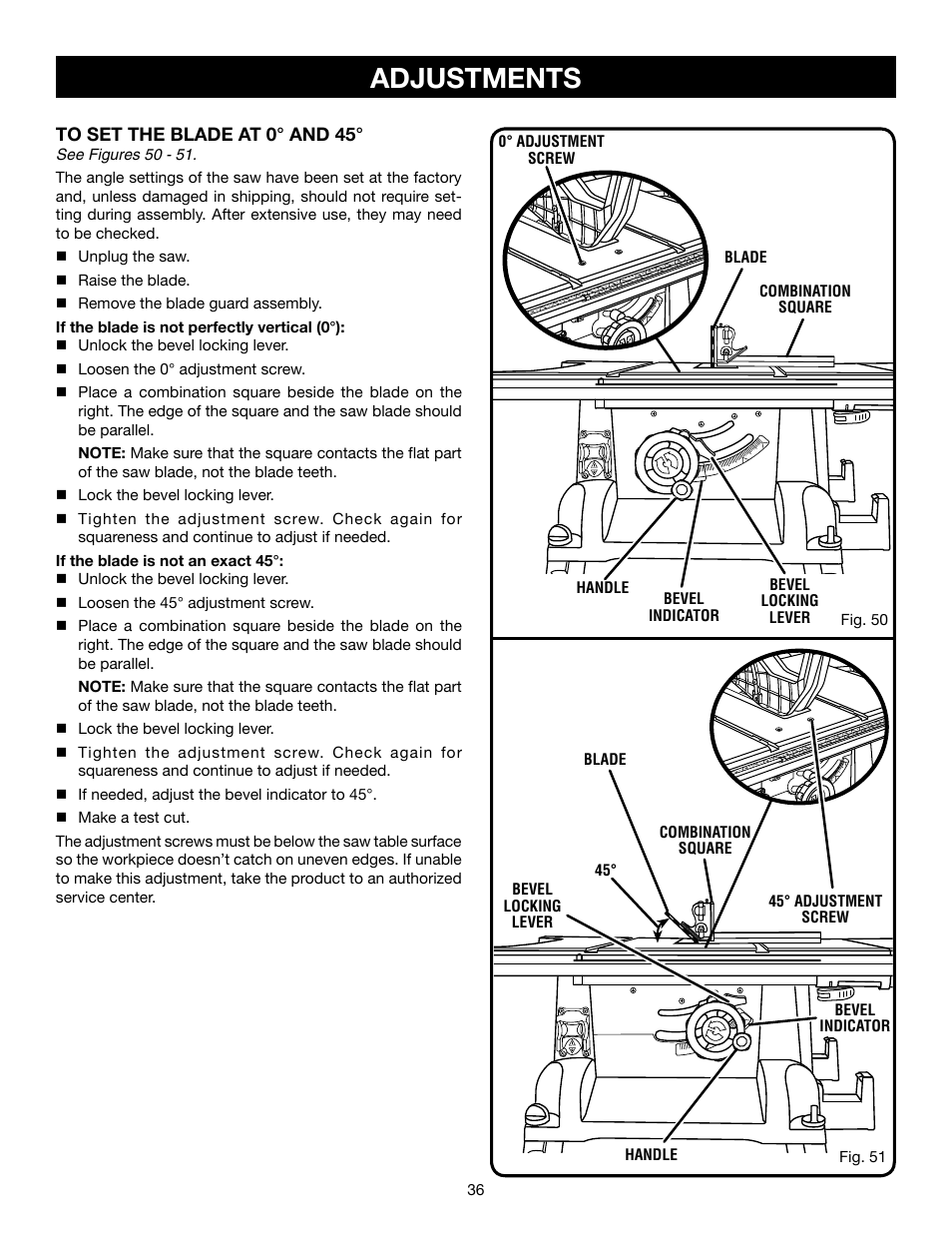 Adjustments | Ryobi RTS21 User Manual | Page 36 / 40