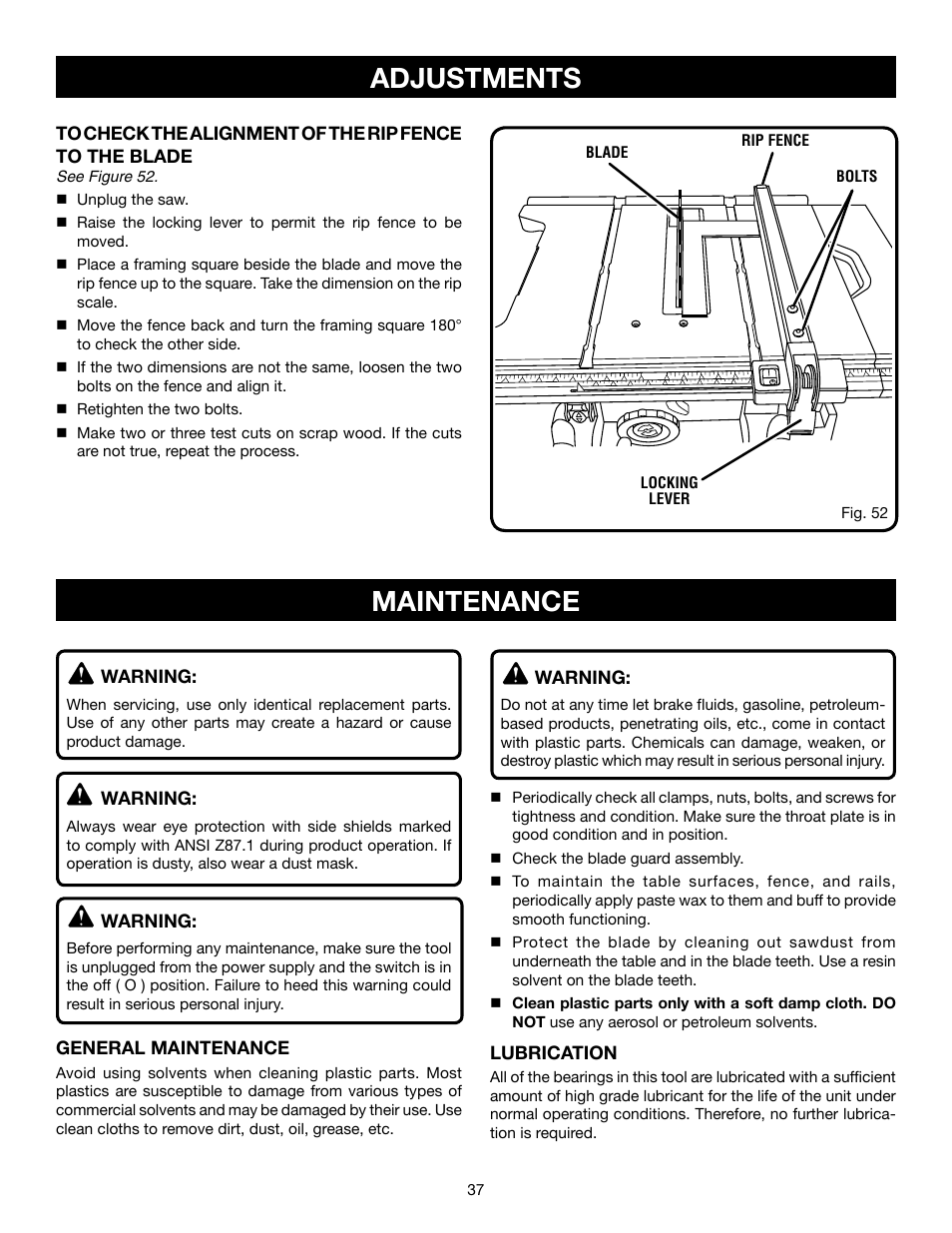 Adjustments, Maintenance | Ryobi RTS21 User Manual | Page 37 / 40