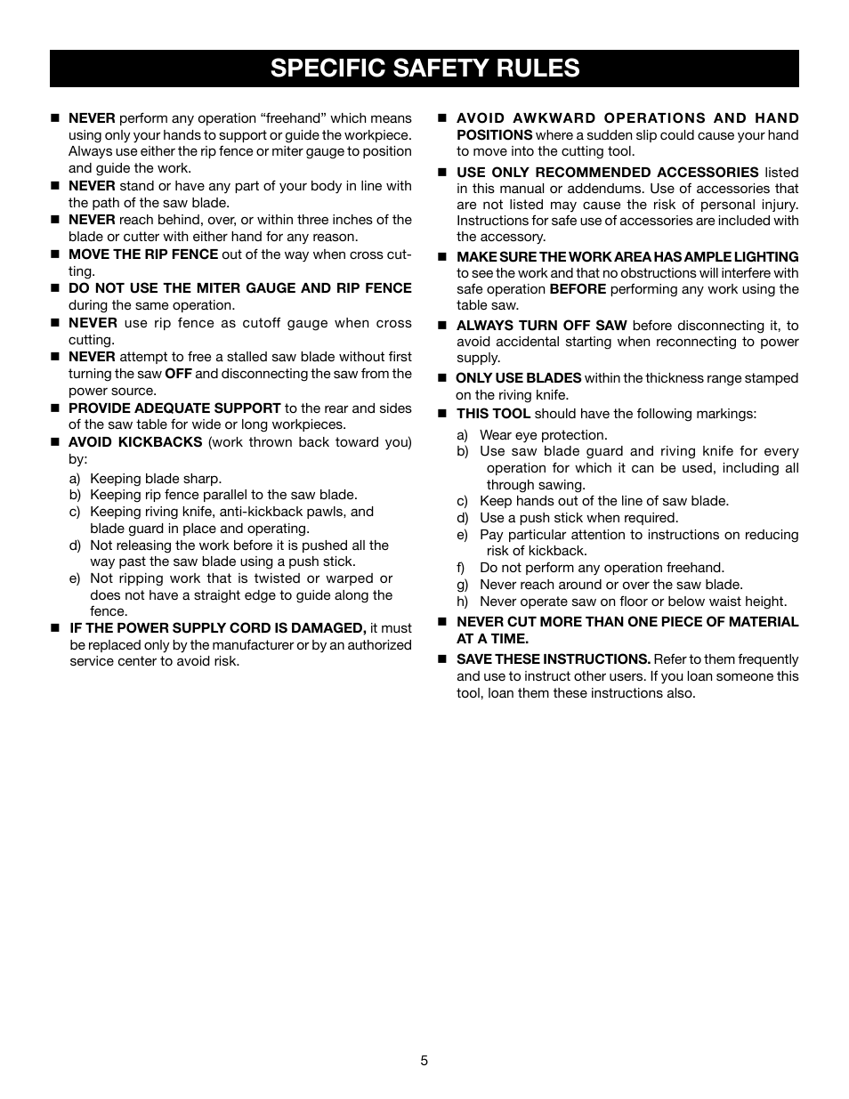 Specific safety rules | Ryobi RTS21 User Manual | Page 5 / 40