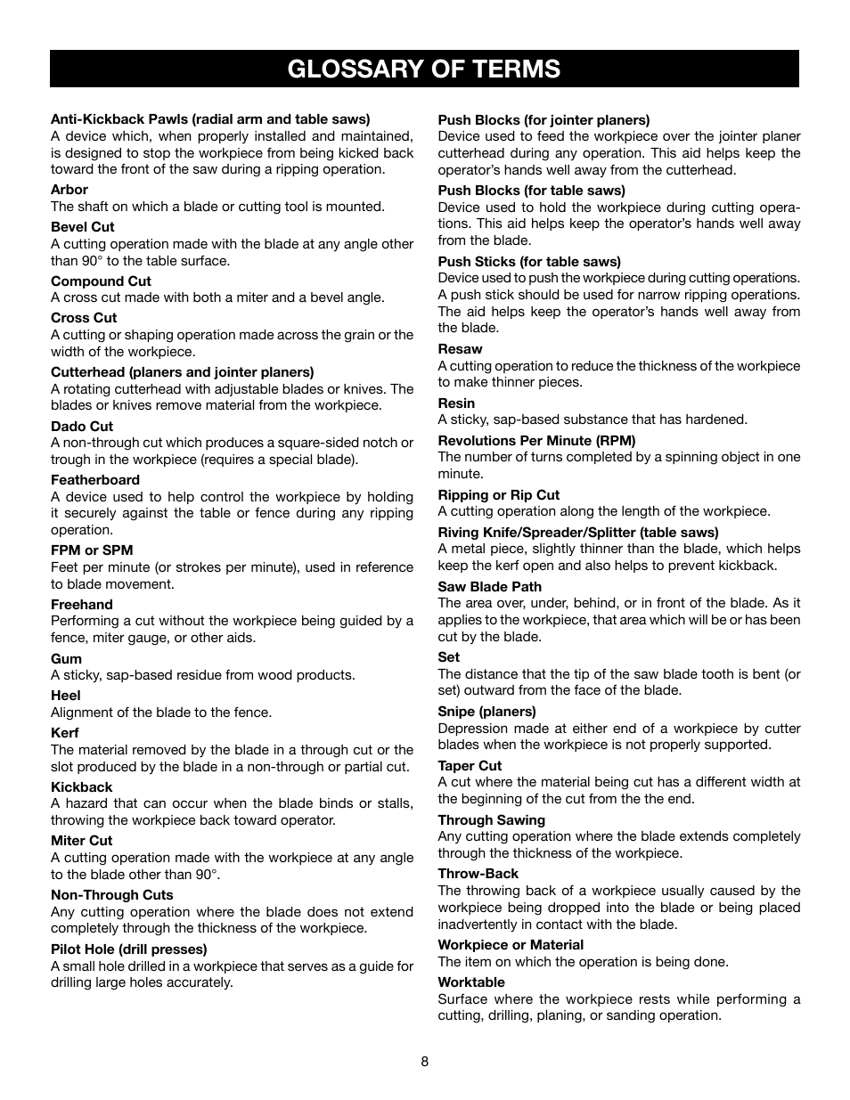 Glossary of terms | Ryobi RTS21 User Manual | Page 8 / 40