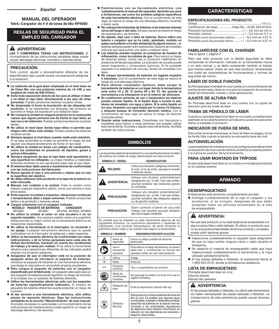 Características, Armado, Manual del operador | Reglas de seguridad para el empleo del cargador, Simbolos | Ryobi RP4000 User Manual | Page 6 / 8