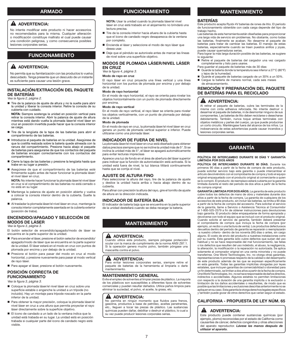 Armado funcionamiento funcionamiento, Garantía mantenimiento mantenimiento | Ryobi RP4000 User Manual | Page 7 / 8