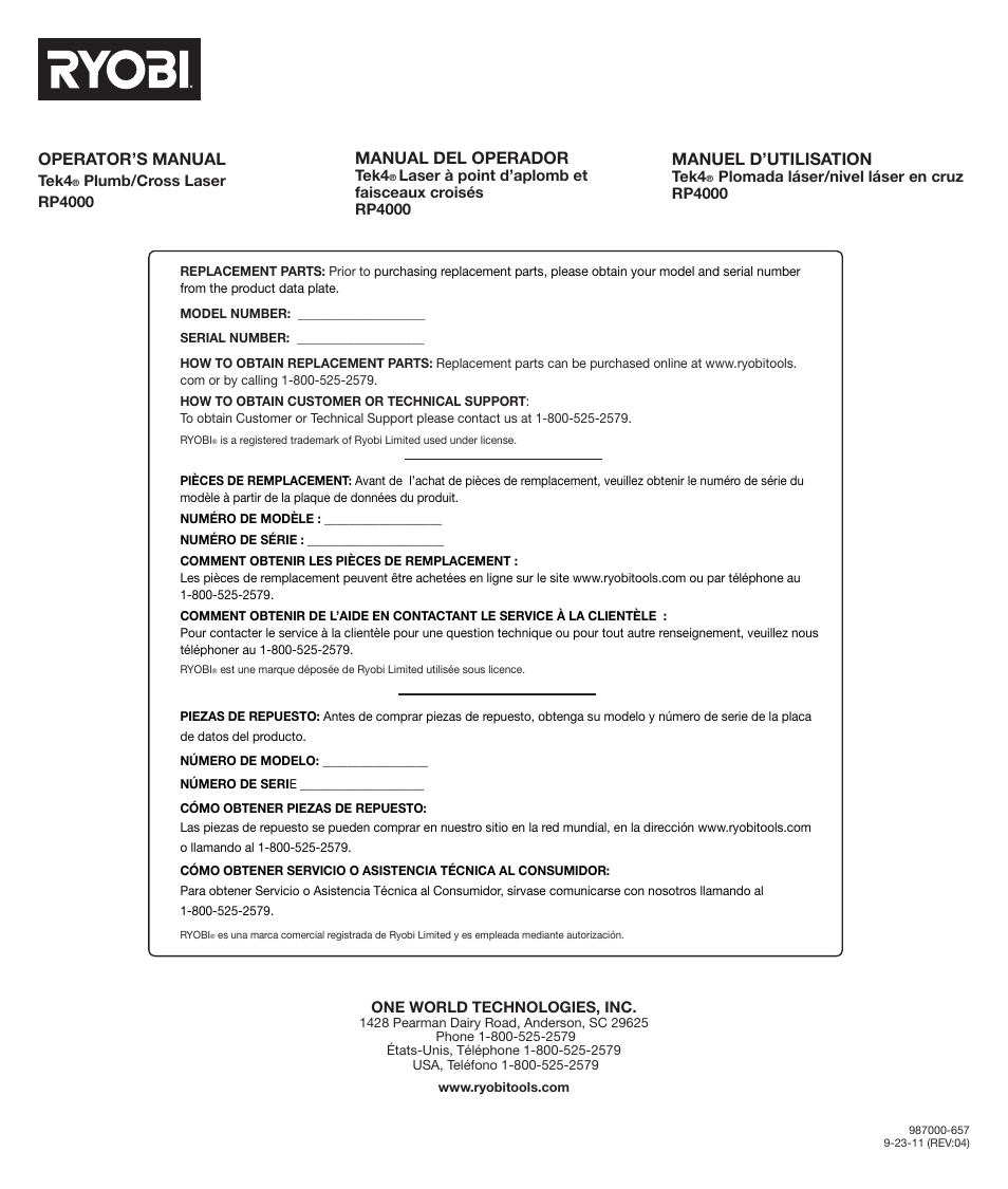 Operator’s manual, Manual del operador, Manuel d’utilisation | Ryobi RP4000 User Manual | Page 8 / 8