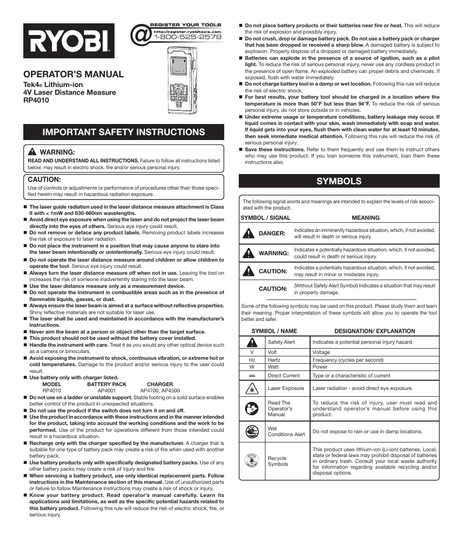 Ryobi RP4010 User Manual | 16 pages