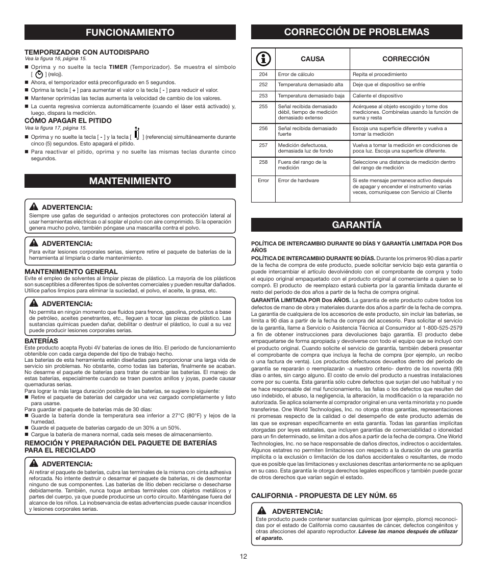 Funcionamiento mantenimiento, Corrección de problemas, Garantía | Ryobi RP4010 User Manual | Page 12 / 16