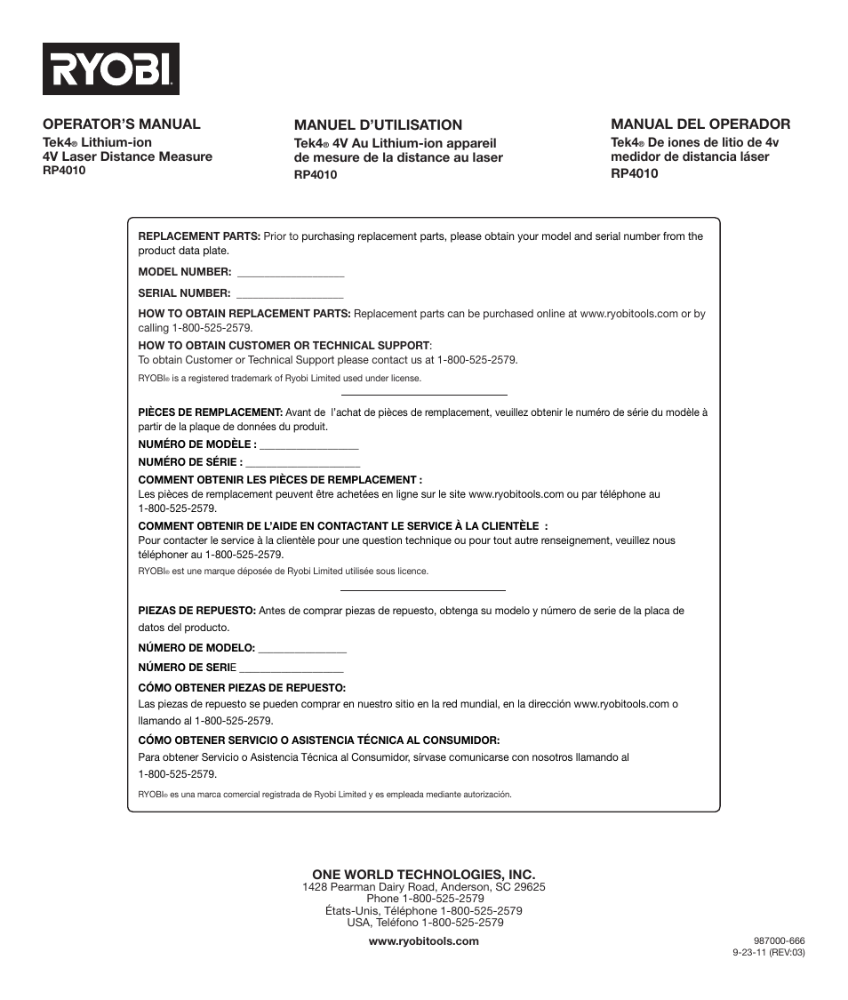 Manuel d’utilisation, Operator’s manual, Manual del operador | Ryobi RP4010 User Manual | Page 16 / 16