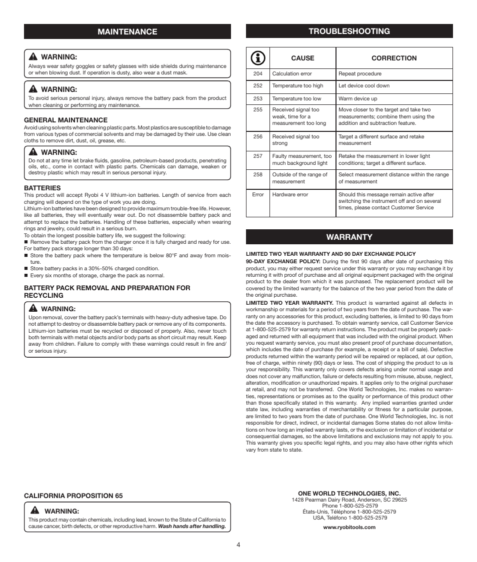 Operation warranty maintenance, Troubleshooting | Ryobi RP4010 User Manual | Page 4 / 16