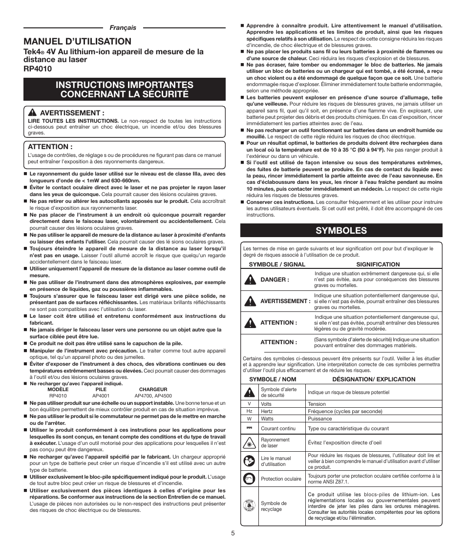 Manuel d’utilisation, Symboles, Instructions importantes concernant la sécurité | Tek4 | Ryobi RP4010 User Manual | Page 5 / 16