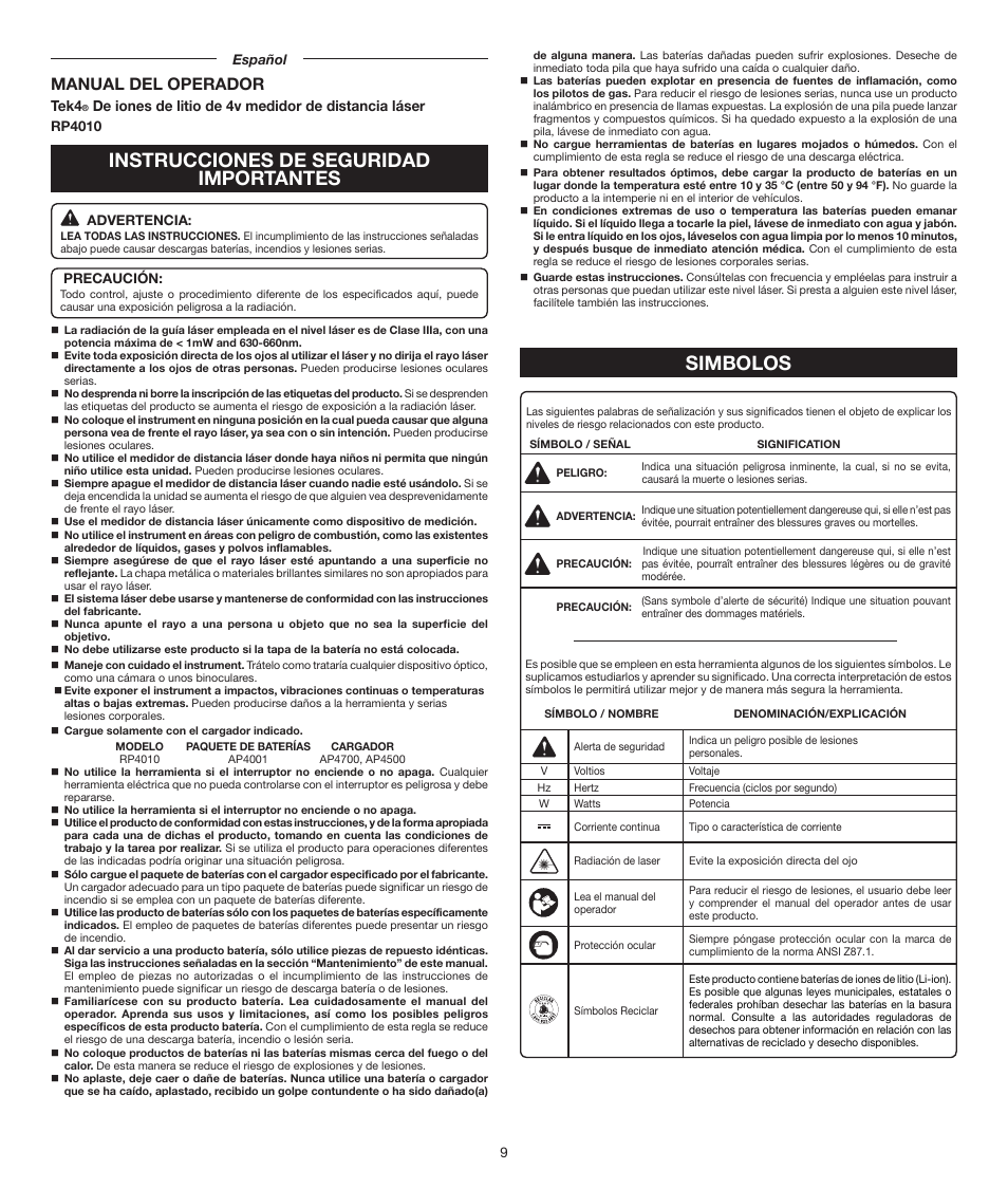 Instrucciones de seguridad importantes, Simbolos, Manual del operador | Tek4, De iones de litio de 4v medidor de distancia láser | Ryobi RP4010 User Manual | Page 9 / 16