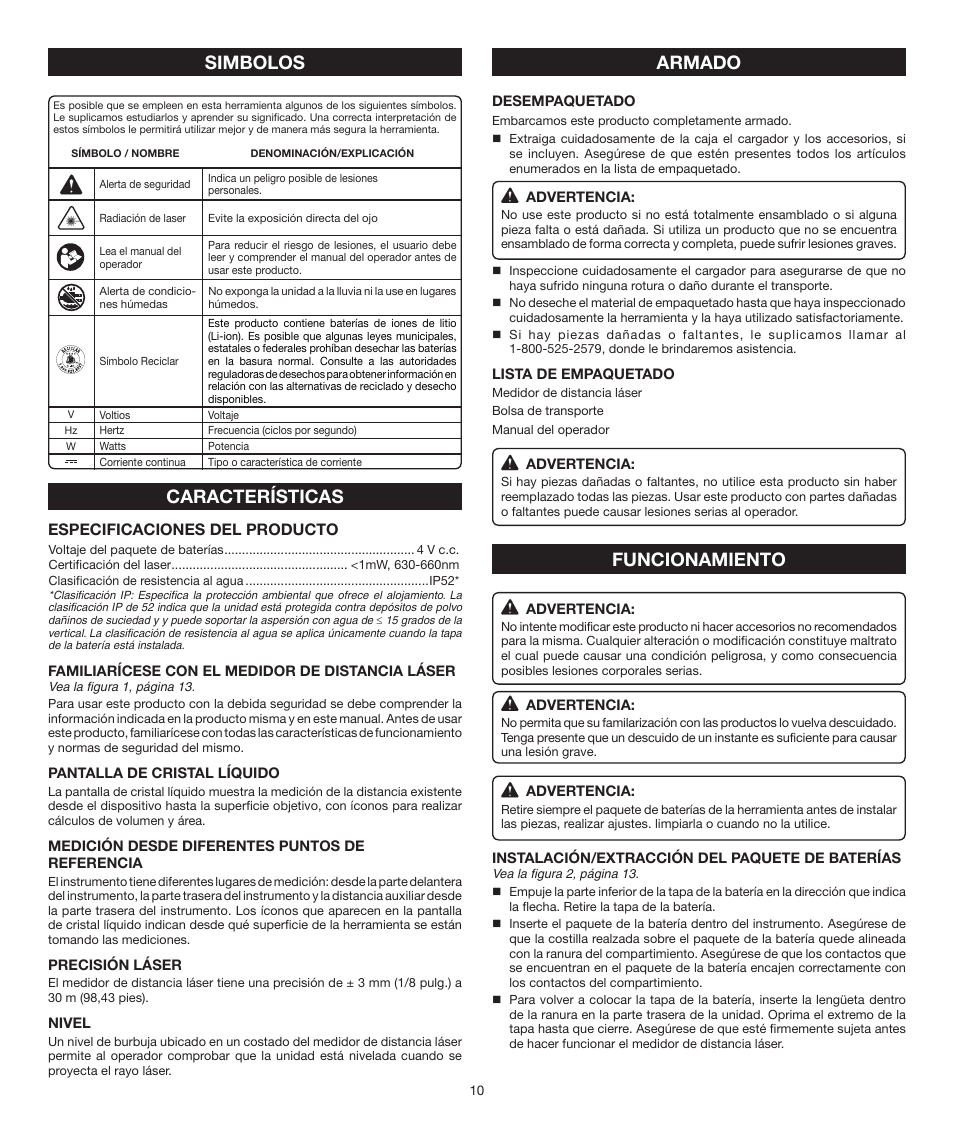 Armado características, Funcionamiento simbolos, Especificaciones del producto | Ryobi RP4011 User Manual | Page 10 / 16