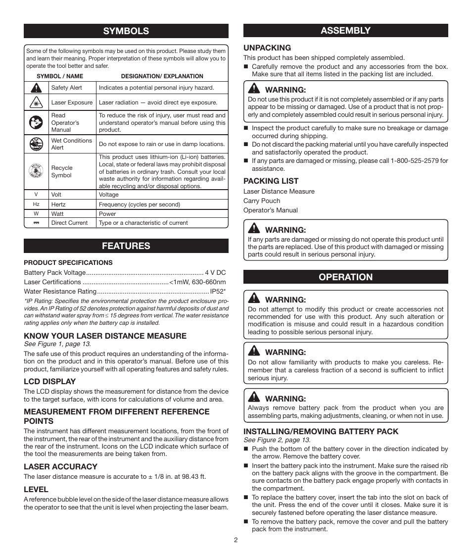 Features, Assembly operation, Symbols | Ryobi RP4011 User Manual | Page 2 / 16
