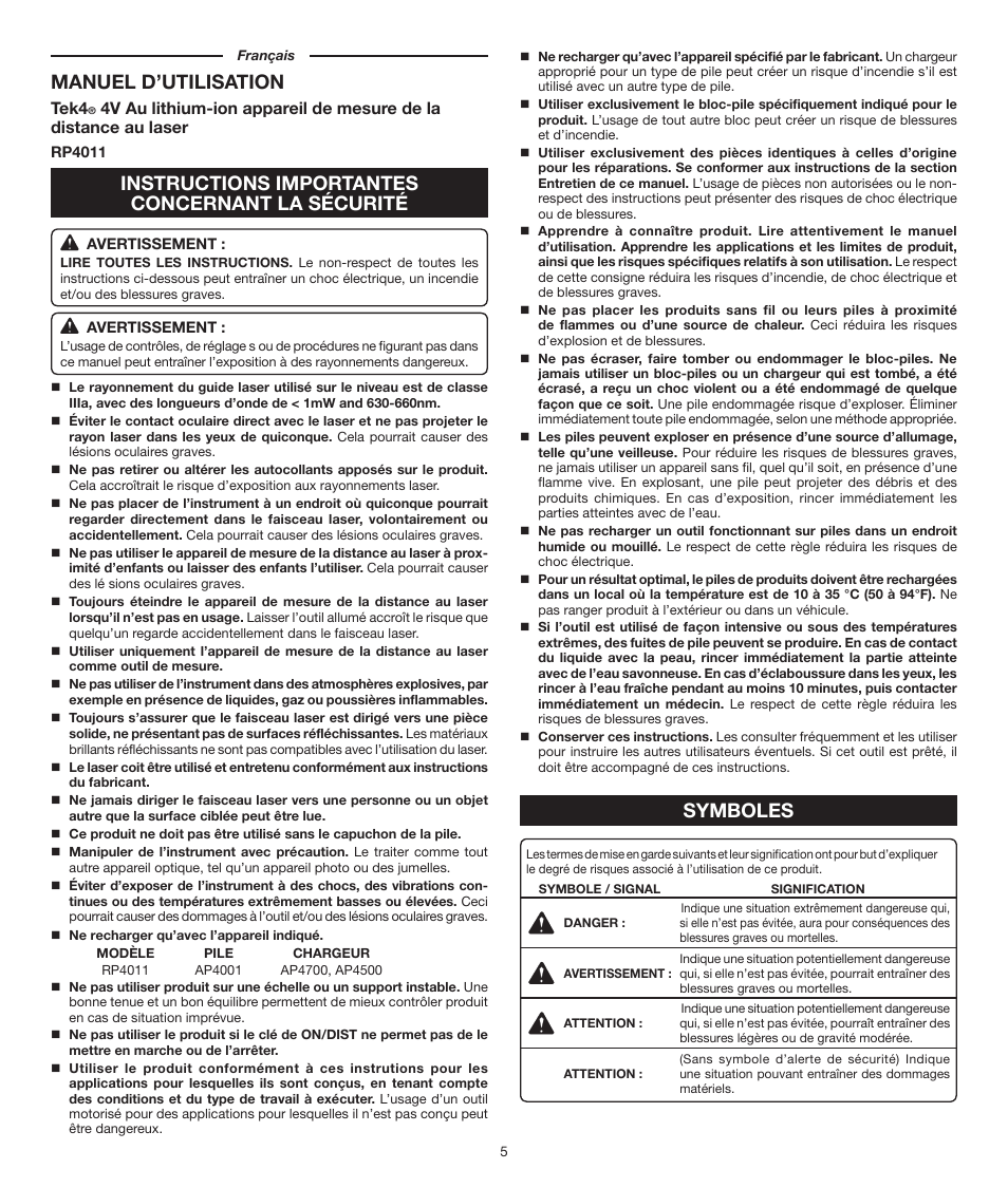 Manuel d’utilisation, Instructions importantes concernant la sécurité, Symboles | Tek4 | Ryobi RP4011 User Manual | Page 5 / 16