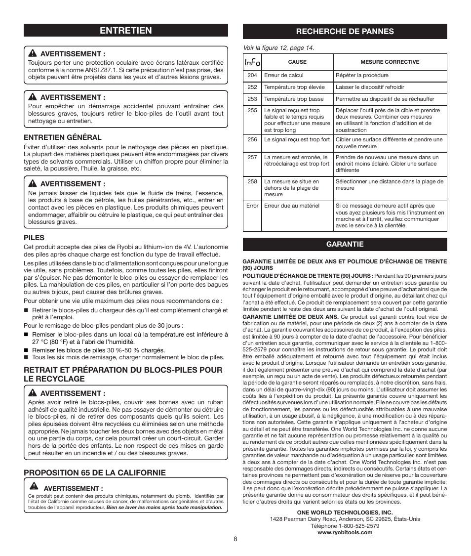 Entretien, Recherche de pannes, Proposition 65 de la californie | Ryobi RP4011 User Manual | Page 8 / 16