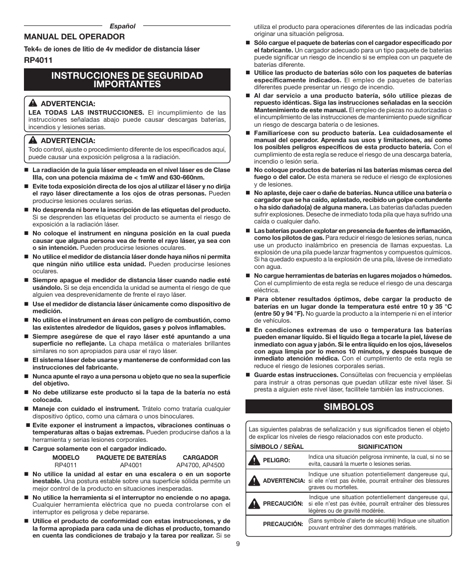 Instrucciones de seguridad importantes, Simbolos, Manual del operador | Rp4011 | Ryobi RP4011 User Manual | Page 9 / 16